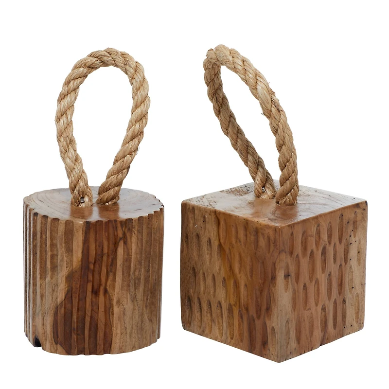 Set of 2 Brown Teak Wood Coastal Sculpture 5", 10"