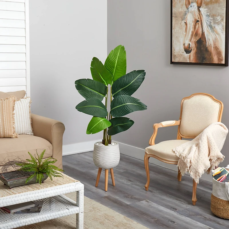 5ft. Travelers Palm Artificial Tree in White Planter with Stand