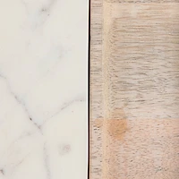 Hello Honey® 13.5" White Marble & Wood Cutting Board on a Dish