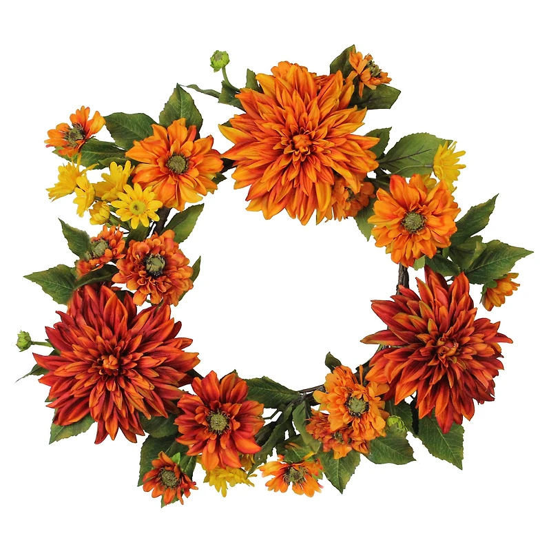 Mums and Daisies Twig Artificial Floral Wreath Orange 22"
