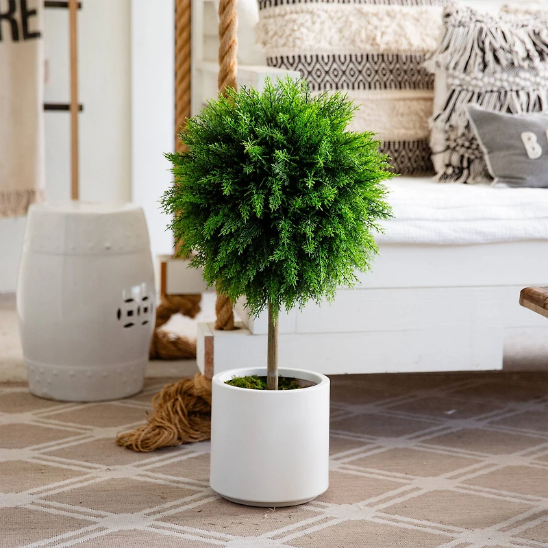 2.5ft. UV-Resistant Artificial Cedar Ball Topiary Tree in White Decorative Planter