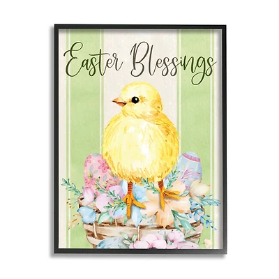 Stupell Industries Easter Blessings Text Striped Yellow Chick Egg Basket Framed Giclee Art