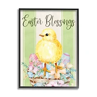 Stupell Industries Easter Blessings Text Striped Yellow Chick Egg Basket Framed Giclee Art