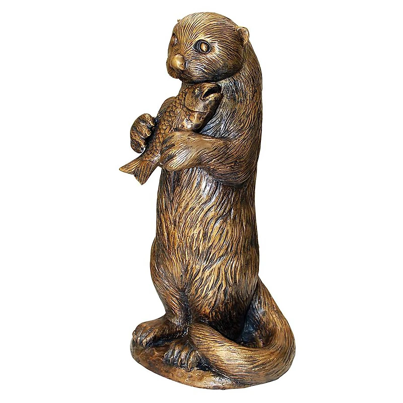 Design Toscano 25" Cast Bronze Standing Otter with Fish Garden Statue