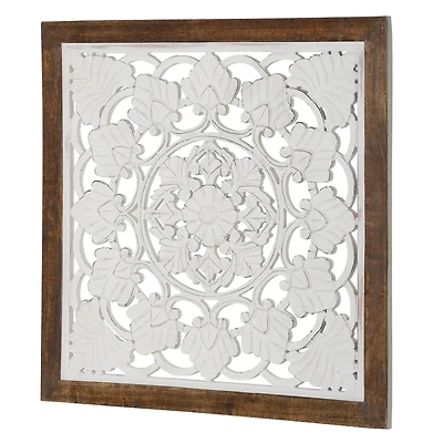 American Art Décor™ 24" Distressed Wood Framed Square Floral White Wall Medallion