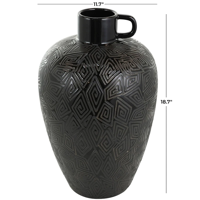 19" Black Ceramic Vase with Geometric Etchings