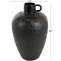 19" Black Ceramic Vase with Geometric Etchings