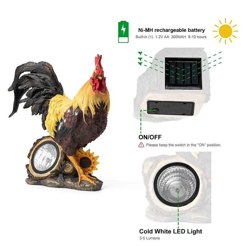 Glitzhome® 13.75" Solar Powered Vibrant Rooster Garden Statue
