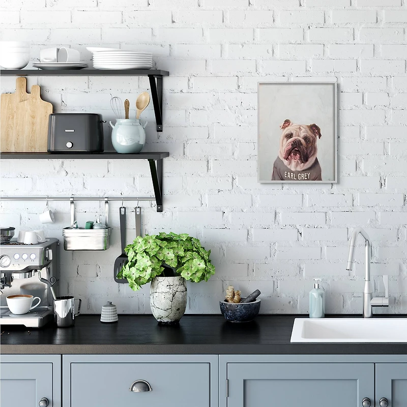 Stupell Industries English Bulldog in Earl Grey Tea Shirt Wall Art in Gray Frame