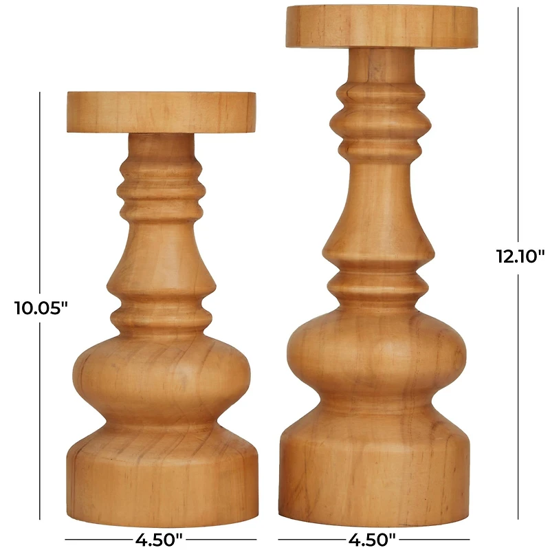 The Novogratz Brown Wood Round Turned Style Pillar Candle Holder Set