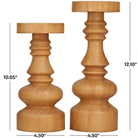 The Novogratz Brown Wood Round Turned Style Pillar Candle Holder Set
