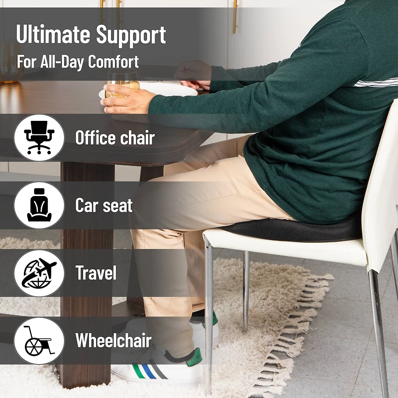 Mind Reader Donut Pillow with Air-Cloud Technology, Ergonomic Memory Foam Seat Cushion for Tailbone, Hemorrhoid, Pregnancy & Lower Back Pain Relief, Washable Cover, Black