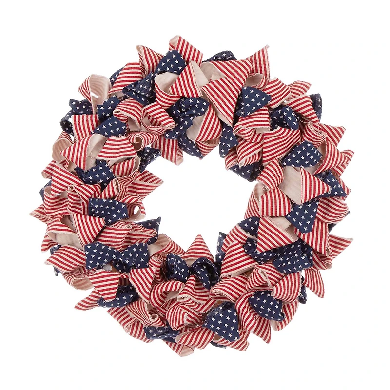 Glitzhome® 18.9" Fabric Stripes & Stars Wreath