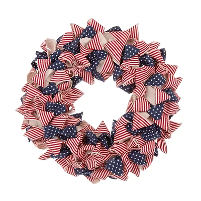 Glitzhome® 18.9" Fabric Stripes & Stars Wreath