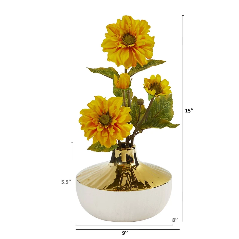 15" Zinnia Artificial Arrangement in Gold and Cream Elegant Vase