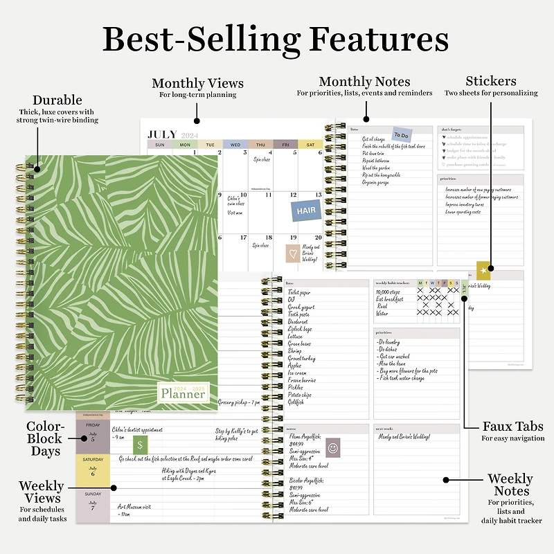TF Publishing 2024-2025 Medium Verde Fronds Spiral Weekly Monthly Planner