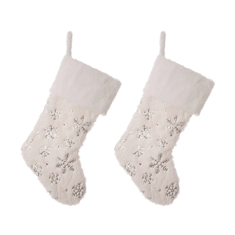 Glitzhome® 21" White Plush with Snowflake Christmas Stocking, 2ct.