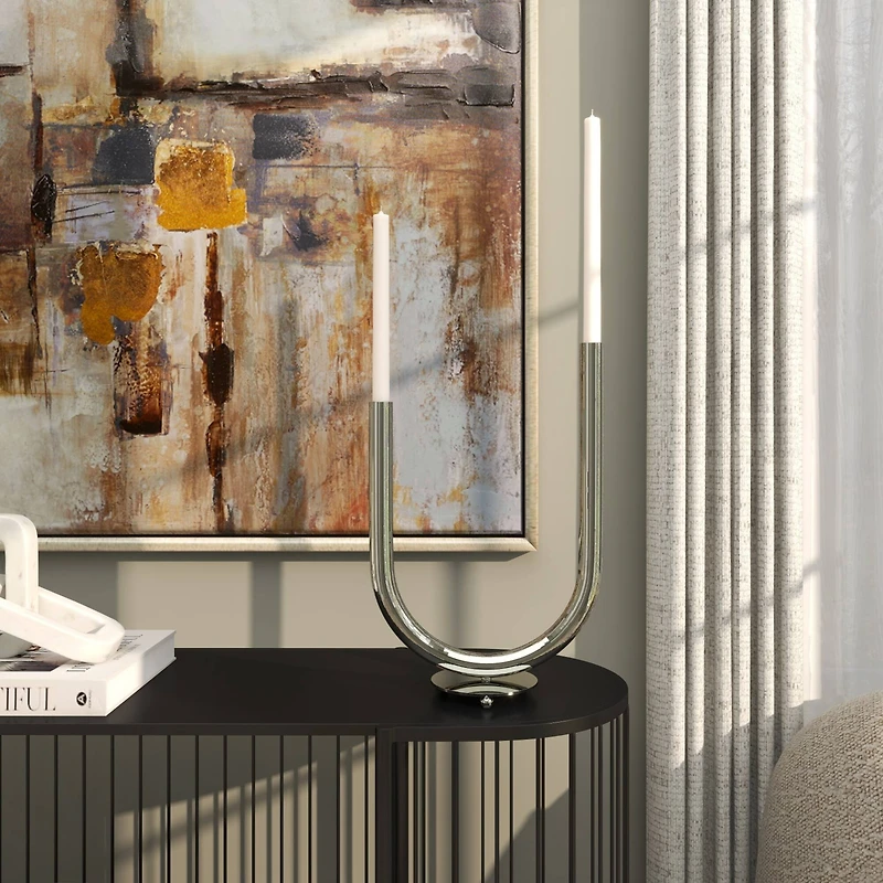 The Novogratz 14" Silver Stainless Steel Abstract U-Shaped Candelabra