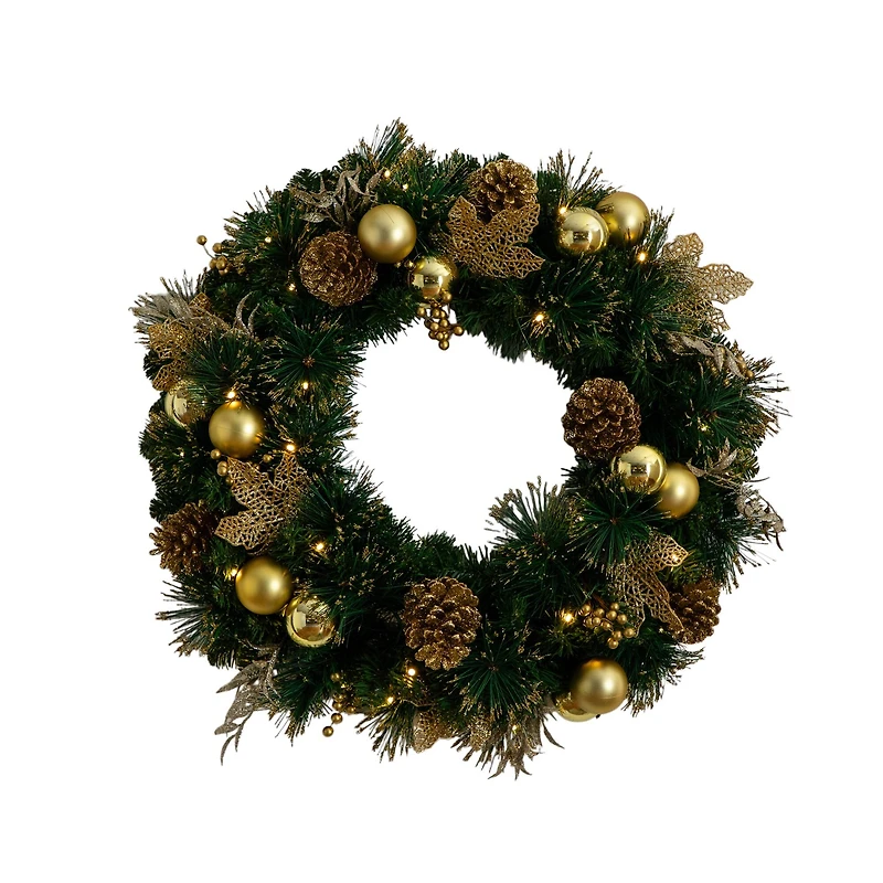 24in. Pre-Lit Artificial Golden Frosted Christmas Wreath with 50 Warm White LED Lights Pinecones, Berries and Ornaments