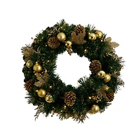 24in. Pre-Lit Artificial Golden Frosted Christmas Wreath with 50 Warm White LED Lights Pinecones, Berries and Ornaments