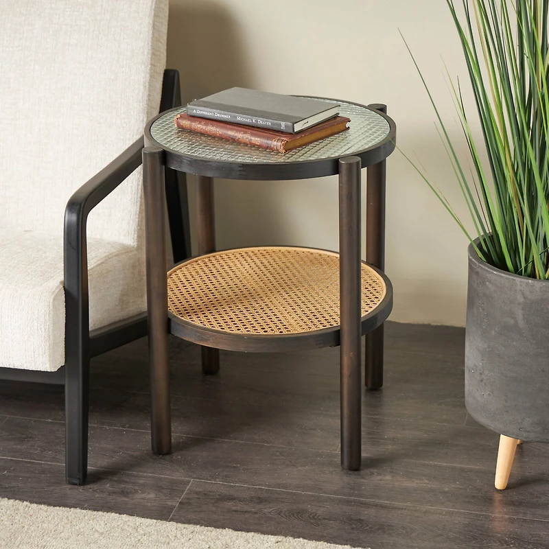 2ft. Brown Rattan Accent Table with Pressed Tempered Glass Top