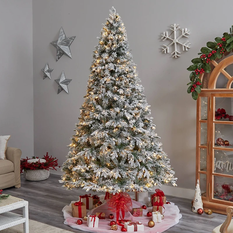 9ft. Pre-Lit Flocked Vermont Mixed Pine Artificial Christmas Tree, Clear LED Lights