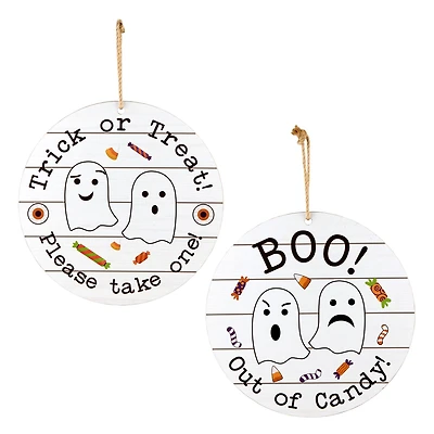 12" White Hanging Double-Sided Trick or Treat/Out of Candy Round Plank Sign