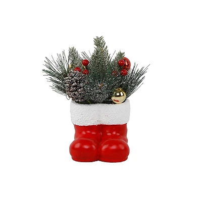 6" Christmas Arrangement In Cement Santa Boots