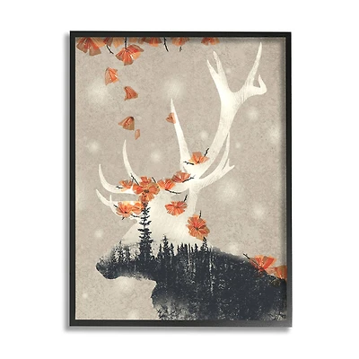 Stupell Industries Tree Forest Elk Silhouette Orange Florals in Frame Wall Art