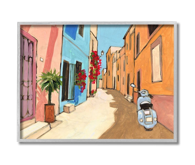 Stupell Industries European Roadside with Blue Street Vespa Wall Art in Gray Frame