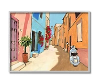 Stupell Industries European Roadside with Blue Street Vespa Wall Art in Gray Frame