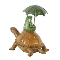 12" Bronze Sitting Frog Sculpture with Umbrella & Brown Walking Turtle