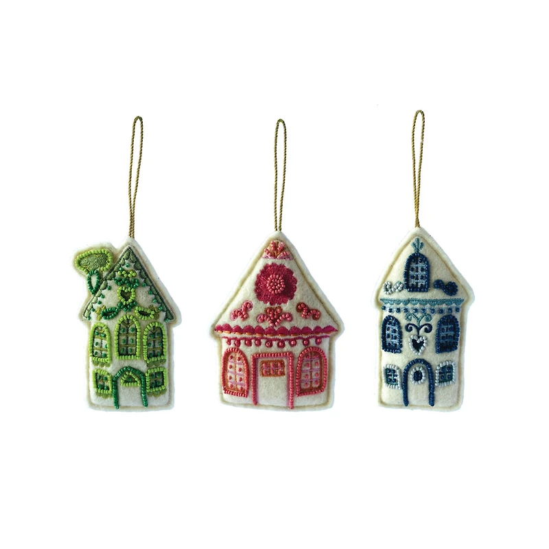 Hello Honey® 3 Pack 5" Beaded & Embroidered House Felt Ornaments