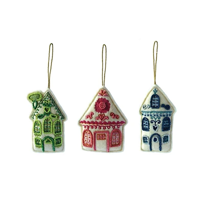 Hello Honey® 3 Pack 5" Beaded & Embroidered House Felt Ornaments