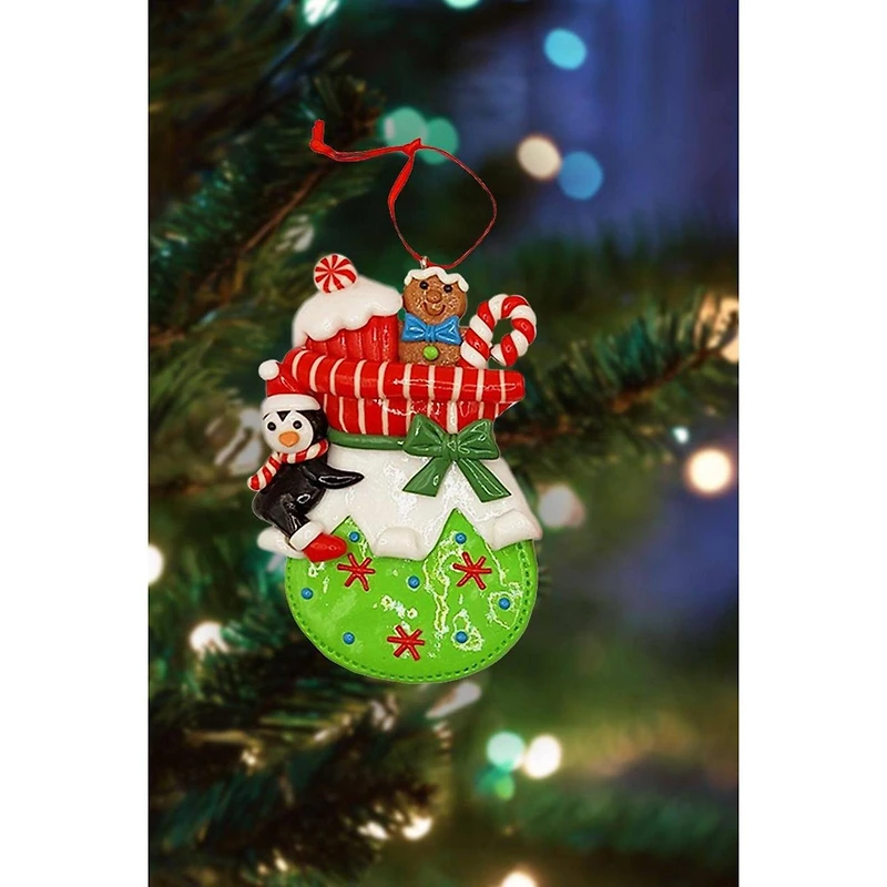 Wizardi 4" Glossy Gingerbread Gift Bag with Penguin Christmas Ornament
