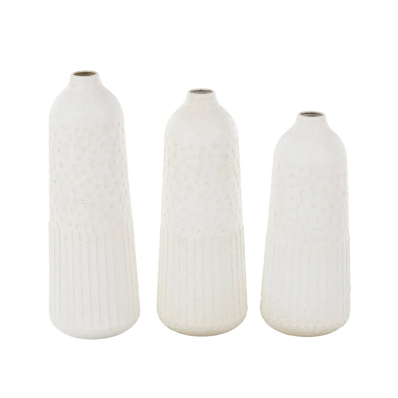 White Metal Textured Decorative Vase with Honeycomb Pattern Set