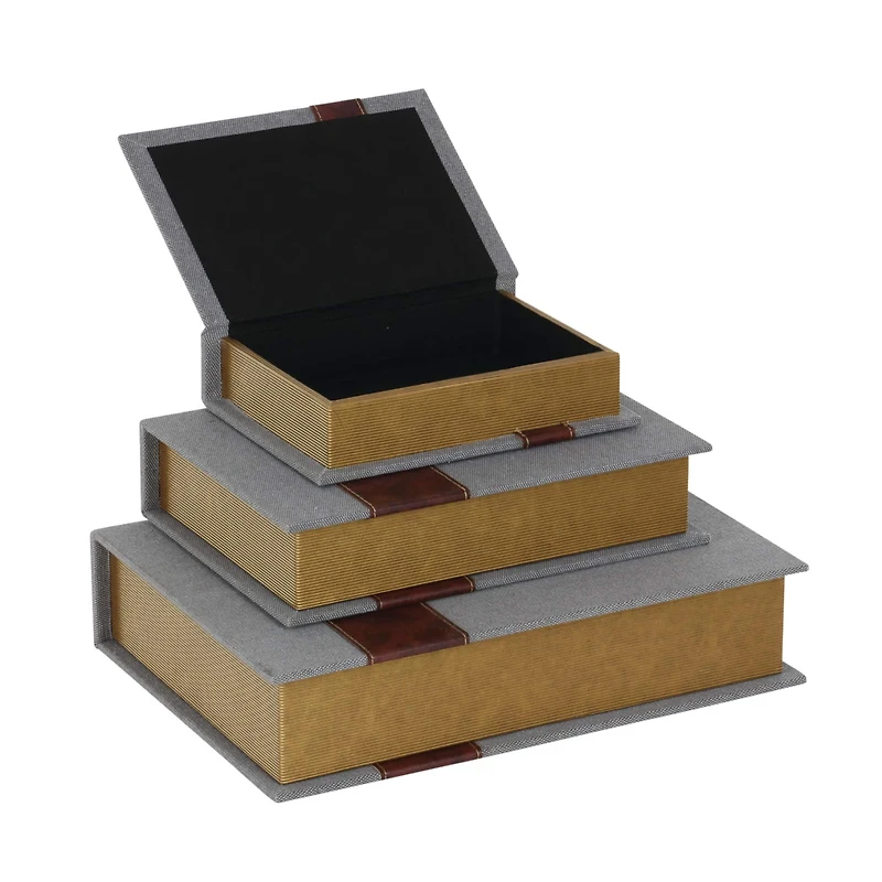 Gray Linen Faux Book Box with Faux Leather Detailing Set