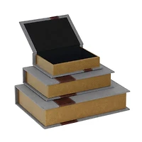 Gray Linen Faux Book Box with Faux Leather Detailing Set