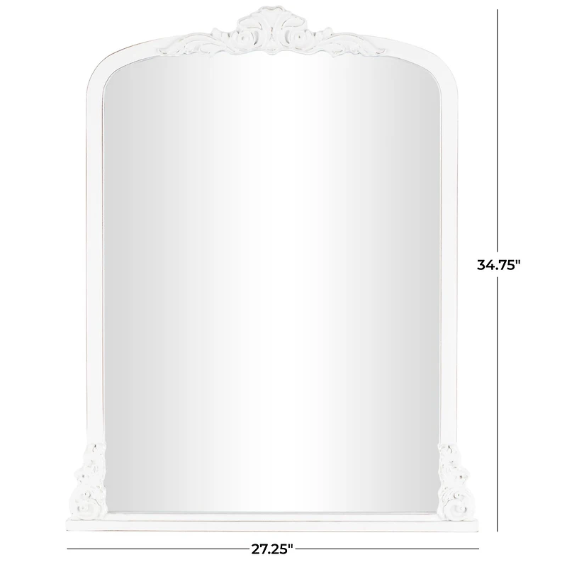 27" x 35", White Wooden Arched Wall Mirror with Scroll Details
