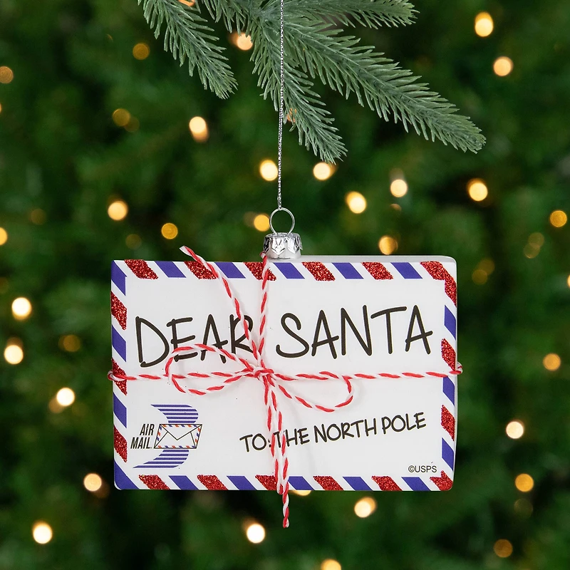 Envelope USPS "Dear Santa" with Stripes Glass Christmas Ornament - 3.5" - Red