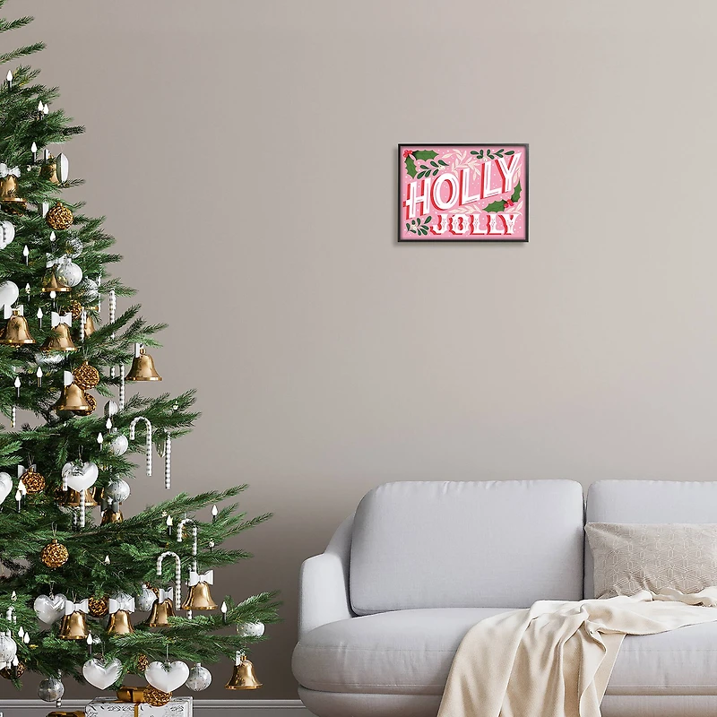 Stupell Industries Bold Pink Holly Jolly Phrase Framed Giclee Art