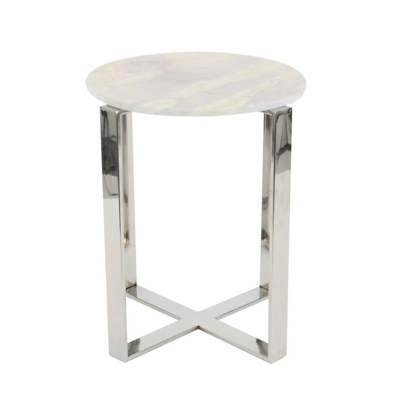 21" White Marble & Stainless Steel Modern Accent Table