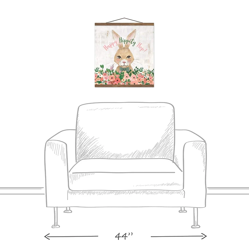 Happy Hippity Hop Bunny Teak Hanging Canvas