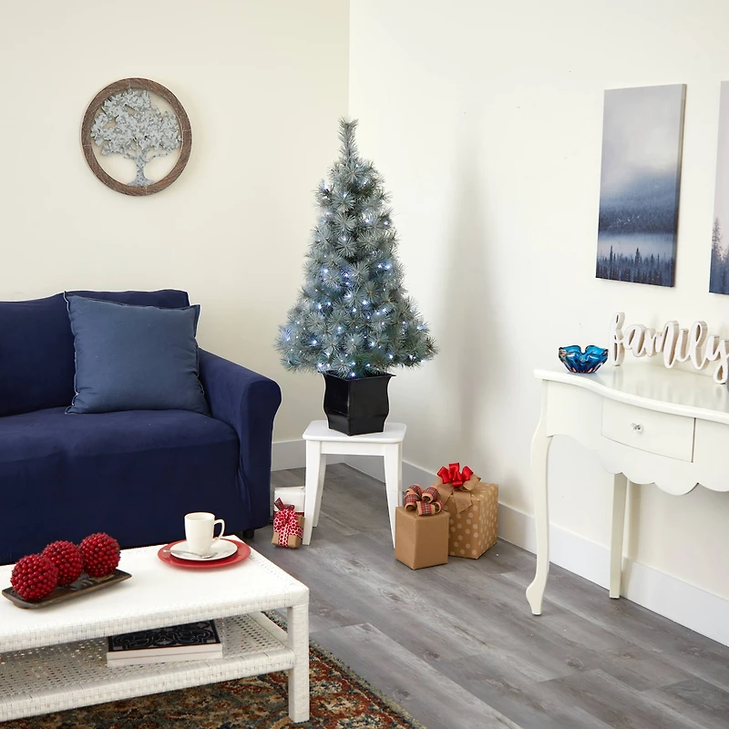 4ft. Pre-Lit Snowy Mountain Pine Artificial Christmas Tree, Blue LED Lights