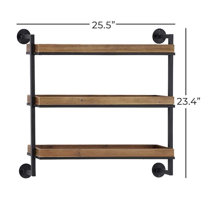 Brown Metal and Wood Industrial Wall Shelves, 7" x 26" x 23"