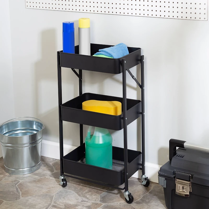 Honey Can Do Black 3-Tier Folding Cart with Wheels