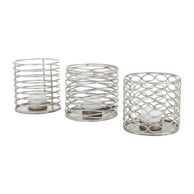 Set of 3 Silver Iron Modern Candle Holders, 4" x 4" x 4"