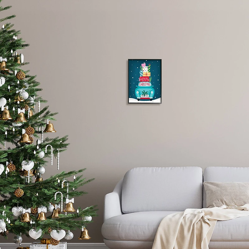 Stupell Industries Merry Christmas Stacked Gifts Car Framed Giclee Art