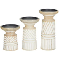 Light Brown Mango Wood Carved Tribal Pillar Candle Holder Set