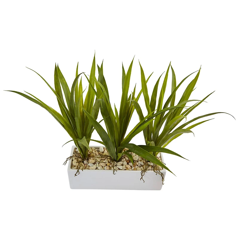 16" Grass in White Rectangular Planter